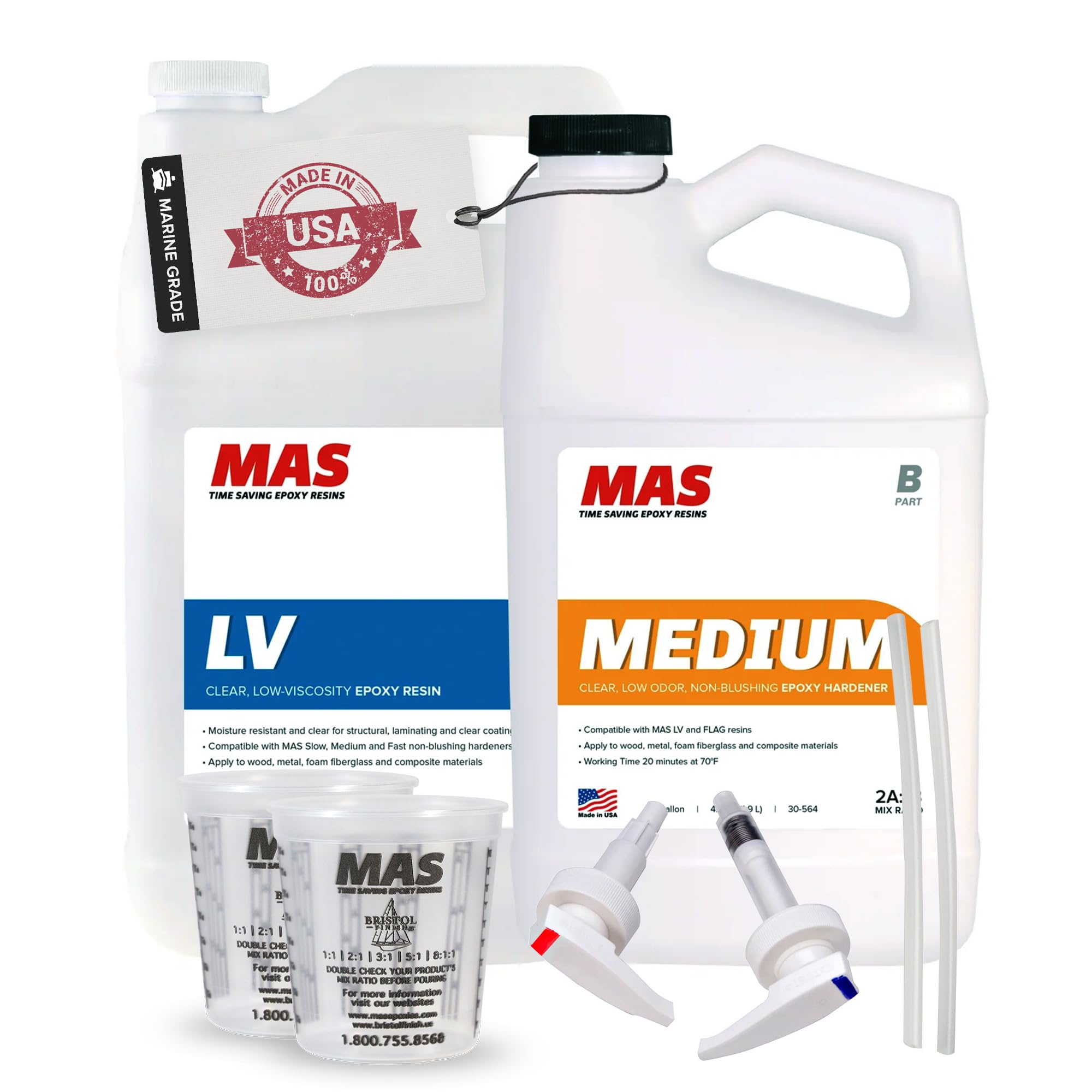 MAS Epoxies Marine Epoxy Resin Kit (1.5-Gal, Medium) 2:1 High Performance Non-Blushing Self-Leveling Hardener for Boat and Wood Repair, Fiberglass