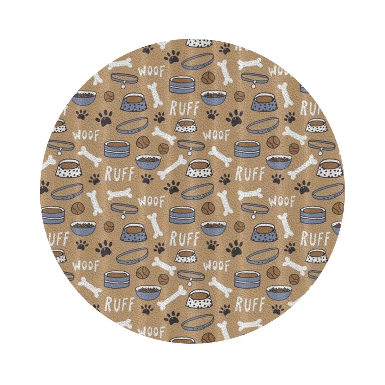 Cute Dog Bone Bowl Woof Paw PU Leather Coasters Set of 6 Round Drink Coasters