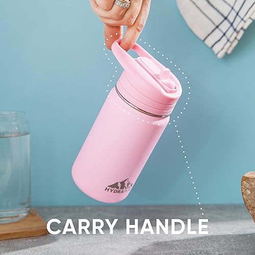Miniatura 7 de Hydrapeak Mini botella de agua de 14 onzas con tapa con popote, botella de agua aislada de doble pared de acero inoxidable  Botella de agua a prueba