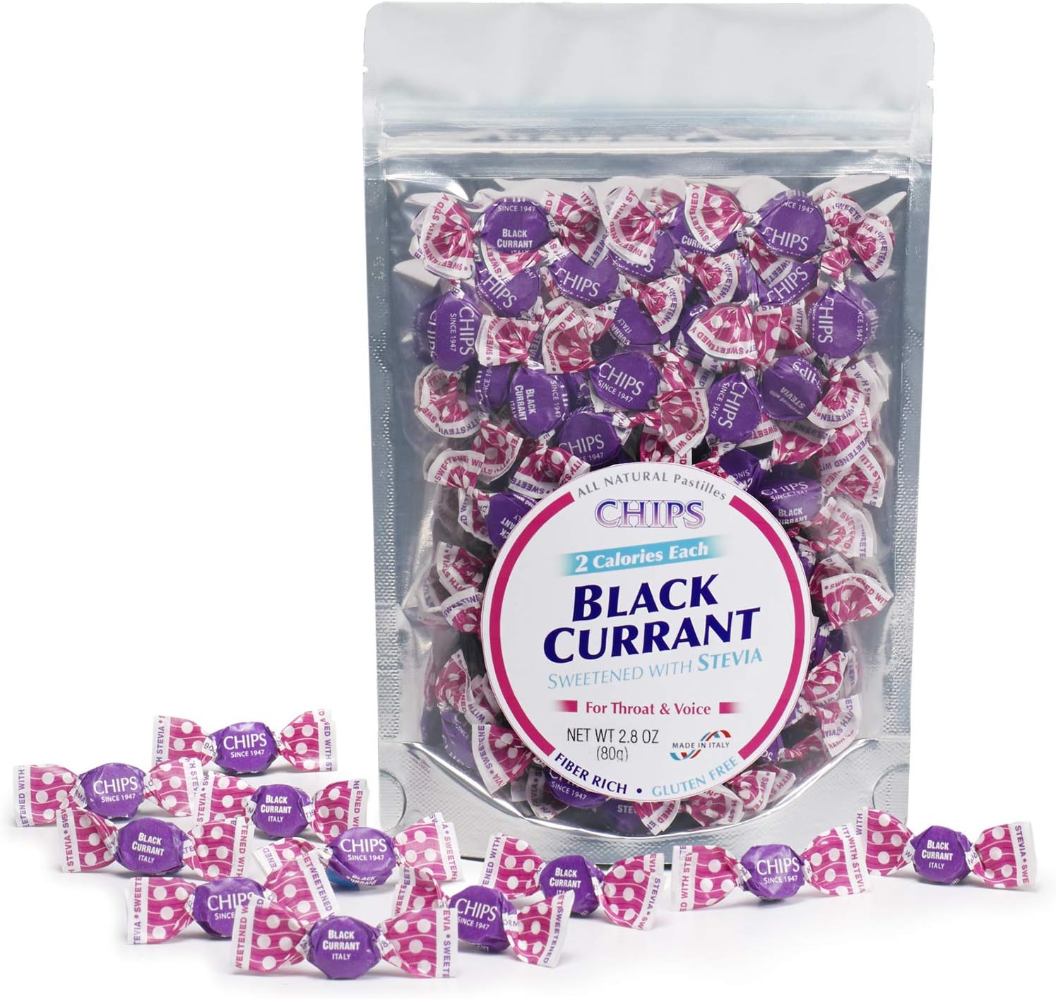 Chips BLACK CURRANT with STEVIA, 65 Ct. “Pocket” Pouch - Classic Italian Pastilles