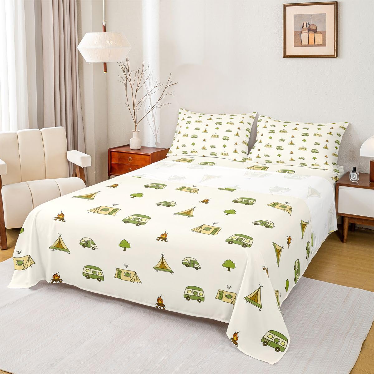 Homewish Motyw kempingowy Prześcieradła Podwójne Ognisko Podróżne Zestaw Arkuszy Kemping Impreza Dekoracja Zestaw Pościeli - Rv Camper Decor Dopasowane Płaskie Prześcieradła 4 Sztuki