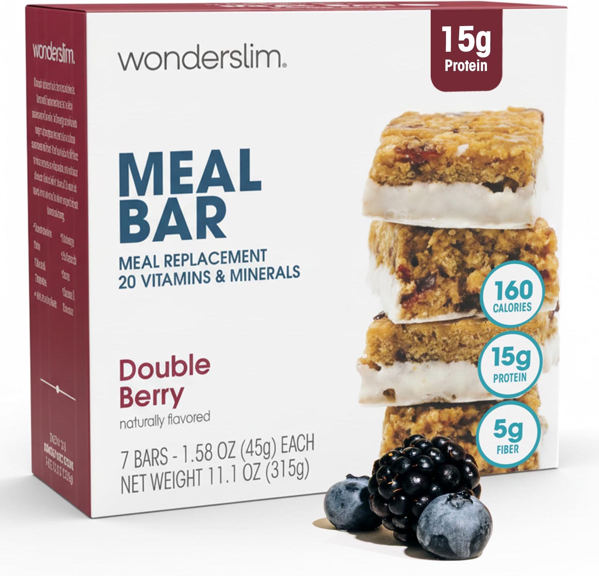 WonderSlim Meal Replacement Bar, Double Berry, 15g Protein, 20 Vitamins & Minerals, Gluten Free (7ct)
