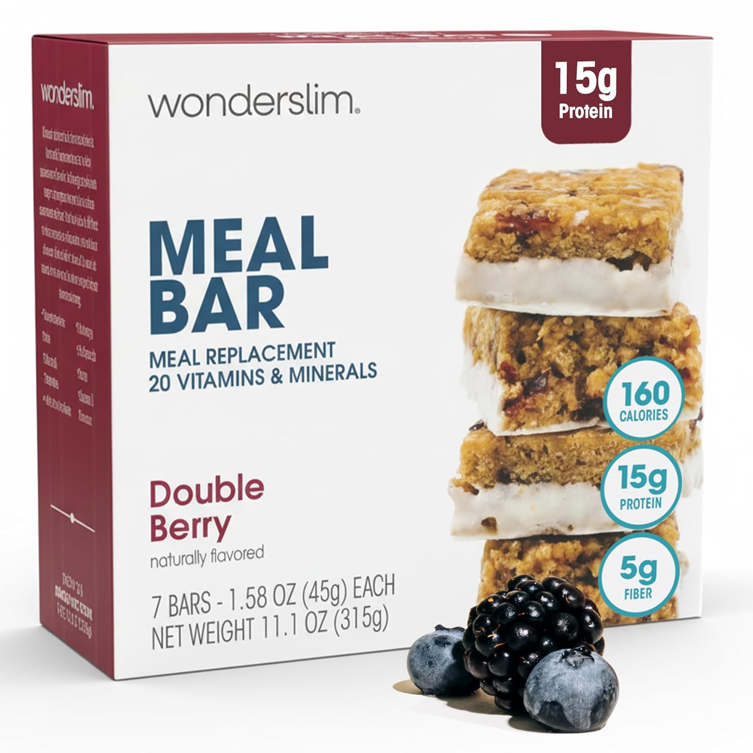 WonderSlim Meal Replacement Bar, Double Berry, 15g Protein, 20 Vitamins & Minerals, Gluten Free (7ct)
