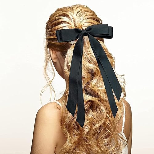Miniatura 6 de Pinza para el cabello, 2 lazos de satén para el cabello para mujeres y niñas con borla larga, lazos grandes para diseño de cabello (negro y blanco,