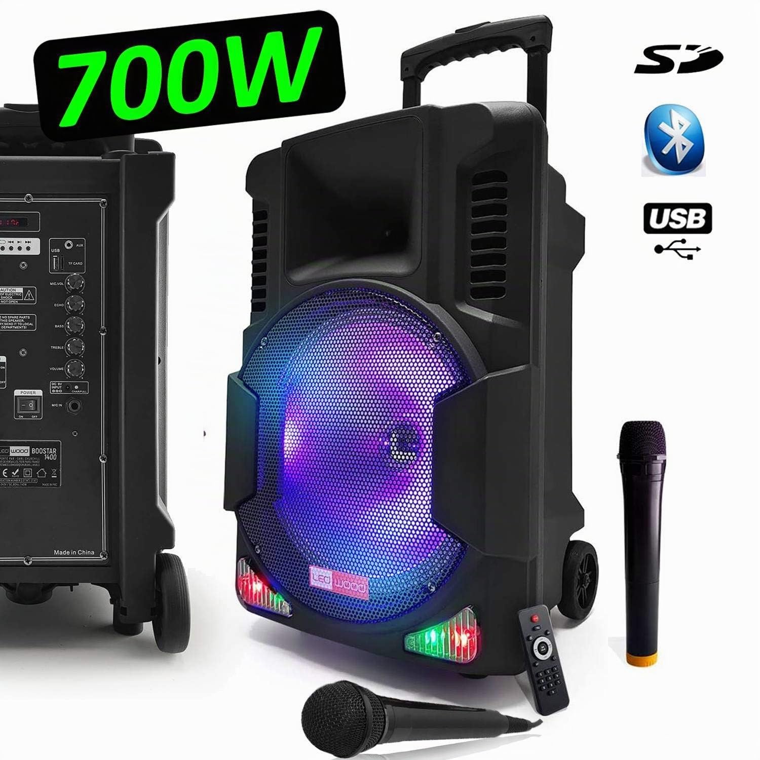 Enceinte Mobile 700W Sono Active KARAOKE DJ 12" Autonome Batterie LED RVB +2 Micros VHF +Fil USB/Bluetooth - LedWood Boostar1400