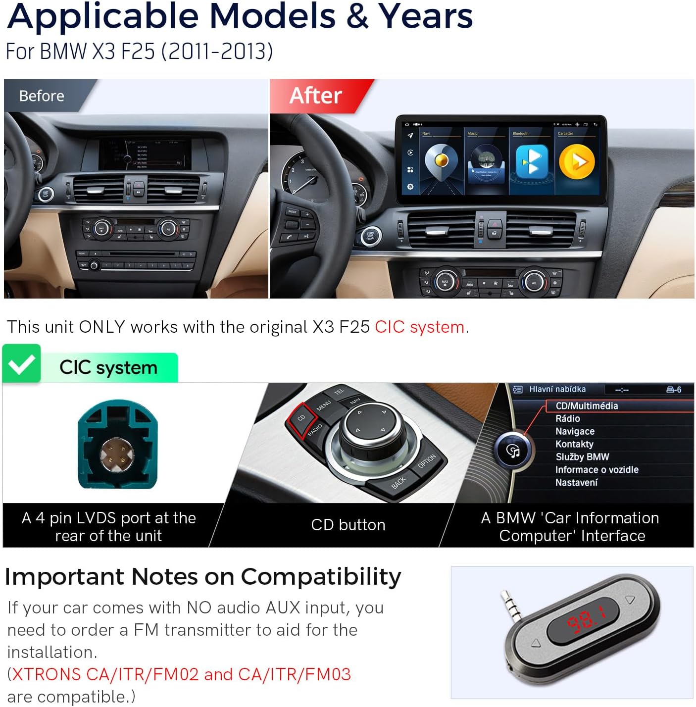 XTRONS 12.3 Inch Android 14 Car Stereo for BMW X3 F25 (2011-2013) CIC System, IPS Touch Screen 4+64GB Global 4G Car Radio GPS Navigation Support Wireless Car Play Android Auto
