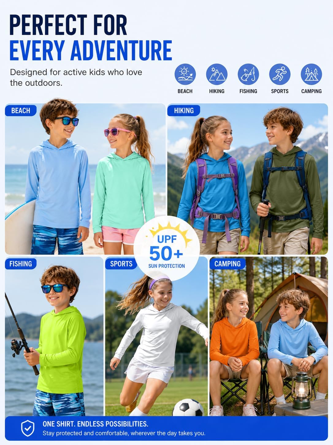 ZITY 5 Pack Rash Guard for Boys Long Sleeve Hooded Swim Shirt Kids UPF50+ Sun Protection Fishing Shirt Lightweight