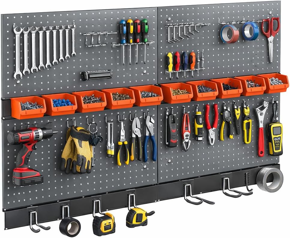 Peg Board Wall Organizer, Metal Pegboard Organizer Kit, 4 Metal Pegboard Panels(12"x24") with 64 Accessories, Wall Mount Large Peg Board Kit with Hooks, Bins for Garage, Workbench, Home