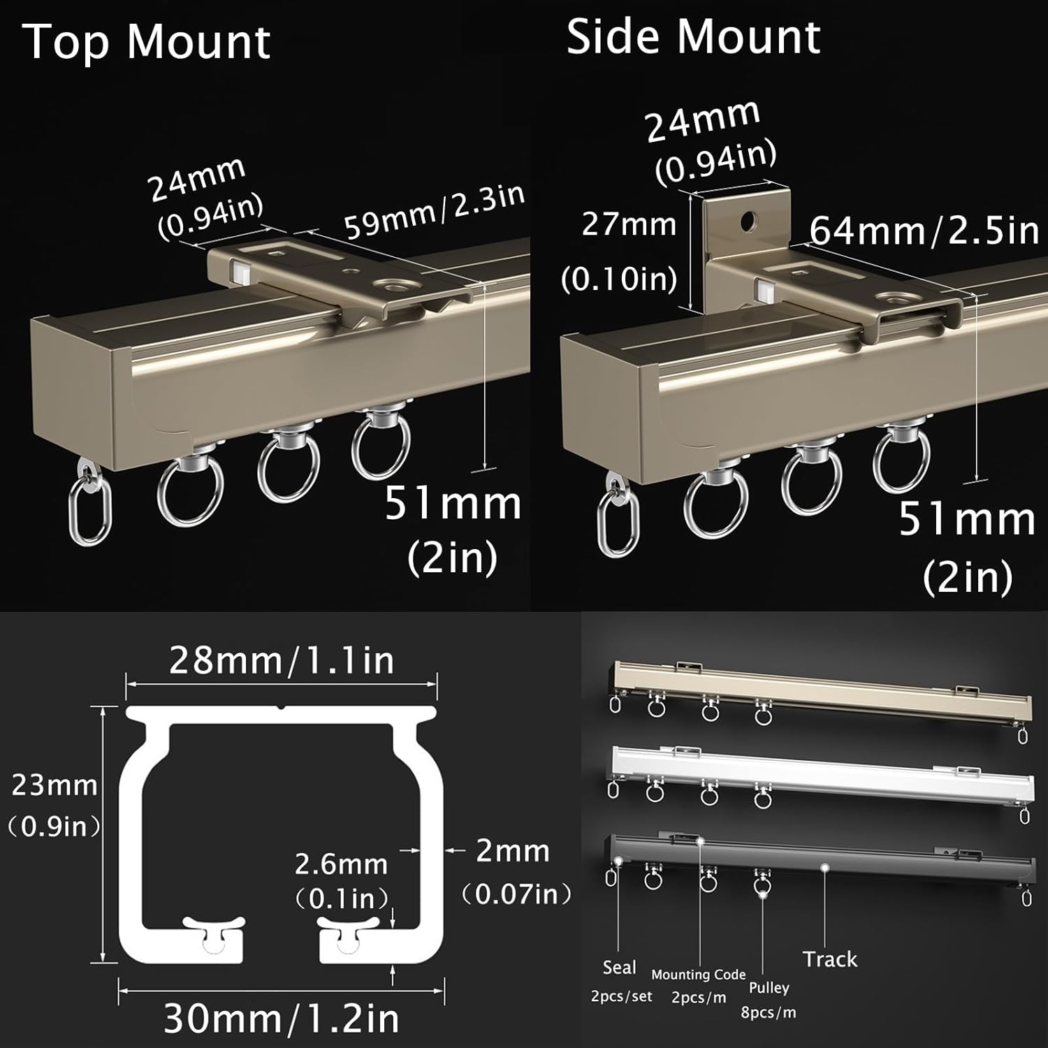 Aluminium Curtain Track Rails Ceiling Or Wall Mount System, with Sturdy Bearing Wheel, Can Hang Heavy- Duty Luxury Curtains, Room Divider Shower Rods 50~600cm,1 Piece (Color :