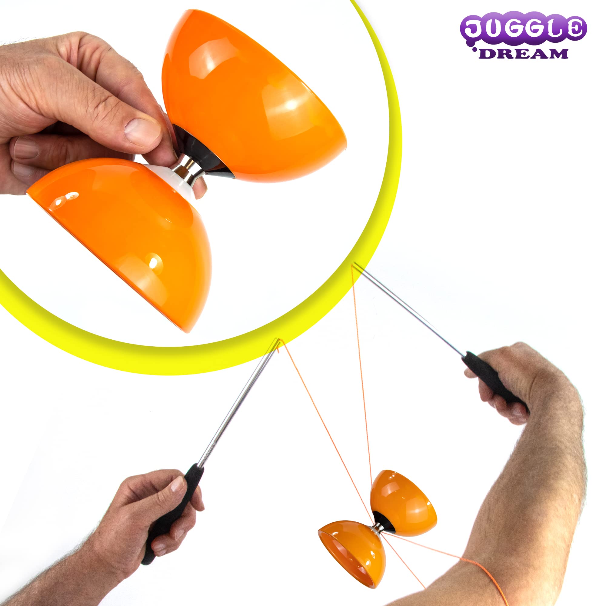 Juggle Dream Carousel Diabolo Jonglier-Set - Dreifach-Kugellagerachse - mit Aluminiumstäben und Online-Lernvideo - Jonglieren (Orange)