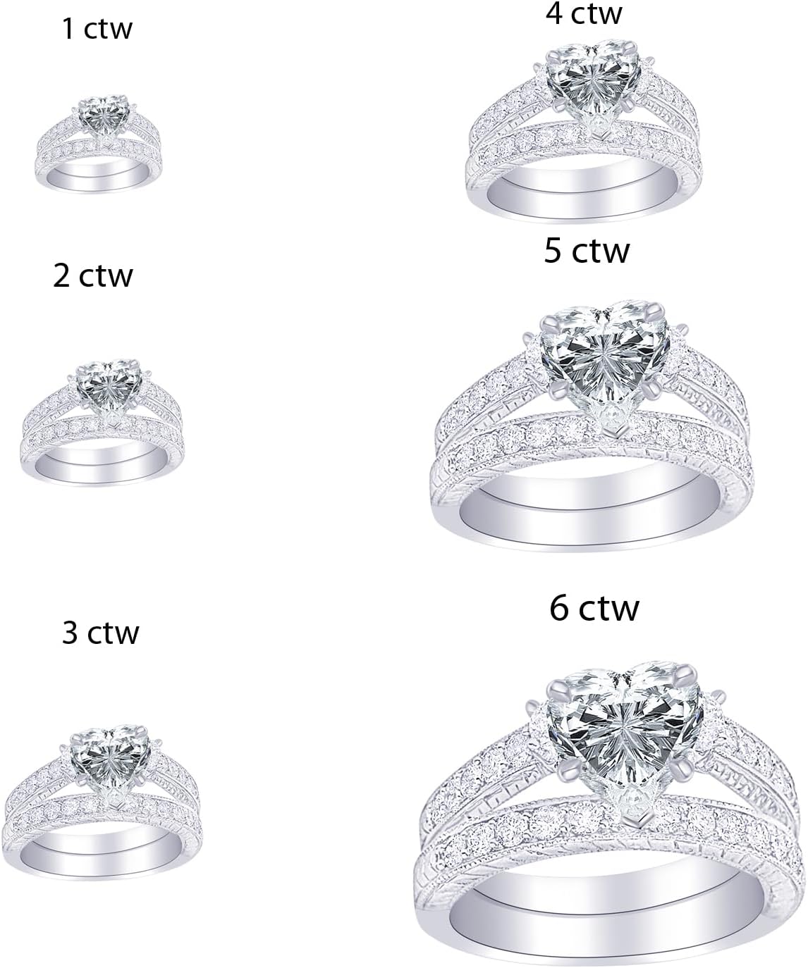 14K White Gold 2 Carat LAB GROWN DIAMOND Three Stone Vintage With Milgrain & Filigree Bridal Set with Wedding Band & Heart Cut Diamond Engagement Ring (E-F Color VS2-SI1 Clarity 1 Ct Center) - Image 2