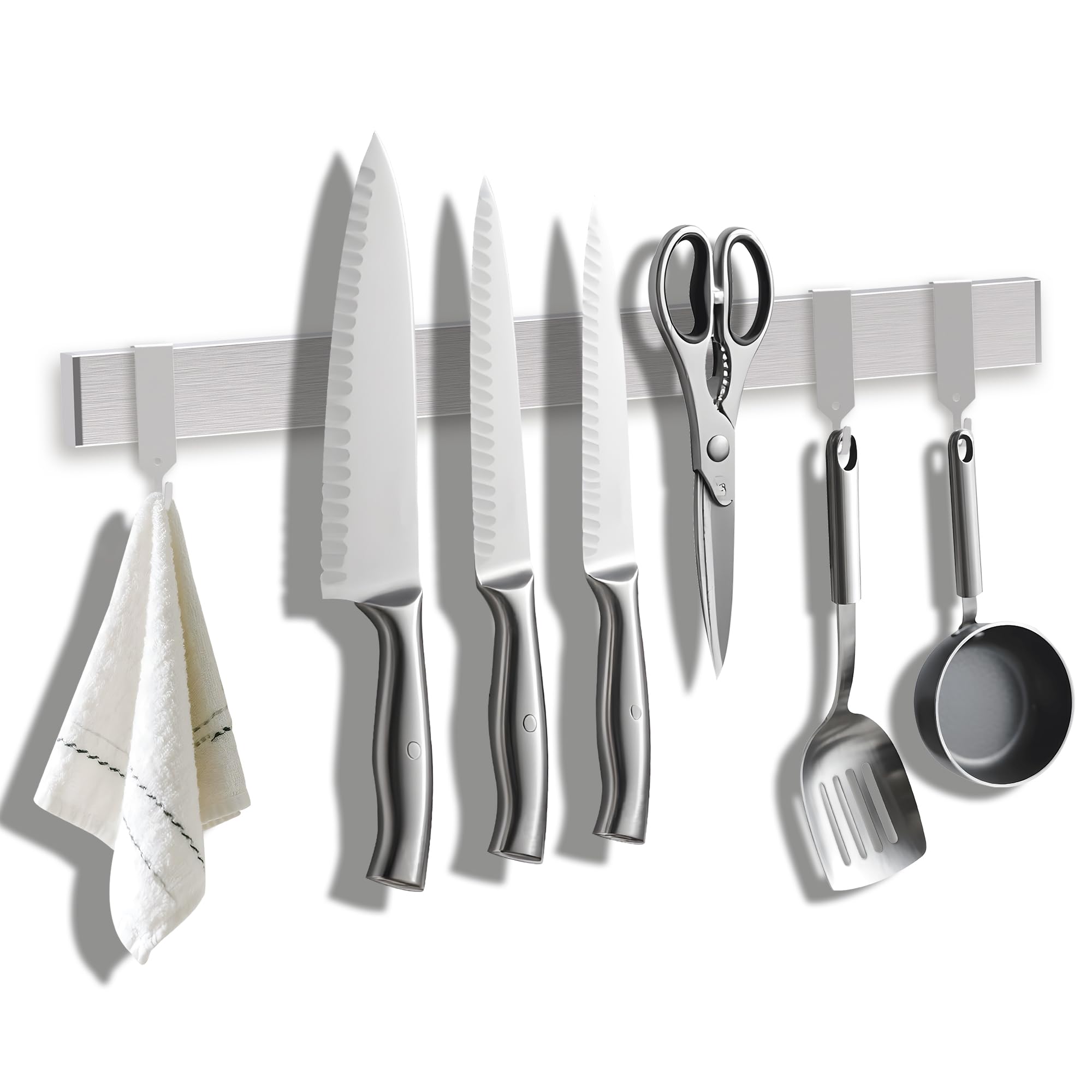 19 Inch Magnetic Knife Holder with Hooks, Strong Wall Mount Magnetic Knife Rack for Kitchen, Black Stainless Steel Knife Strip Organizer for Utensils, Spoons, Forks