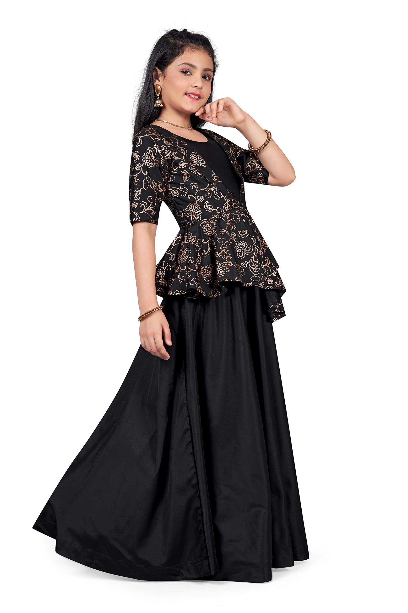 Fashion Dream Girls Black Solid Maxi Dress with Attached Foil Printed Asymmetric Shrug(Black_13-14 Year) - Image 5 thumbnail