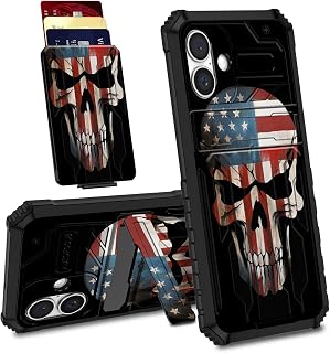 Case for iPhone 16 Plus with Detachable Card Holder Slot Kickstand Hybrid Dual Layer Heavy Duty Shockproof Cover Hidden ID Cash Credit Wallet Case for iPhone 16 Plus, American Flag Skull