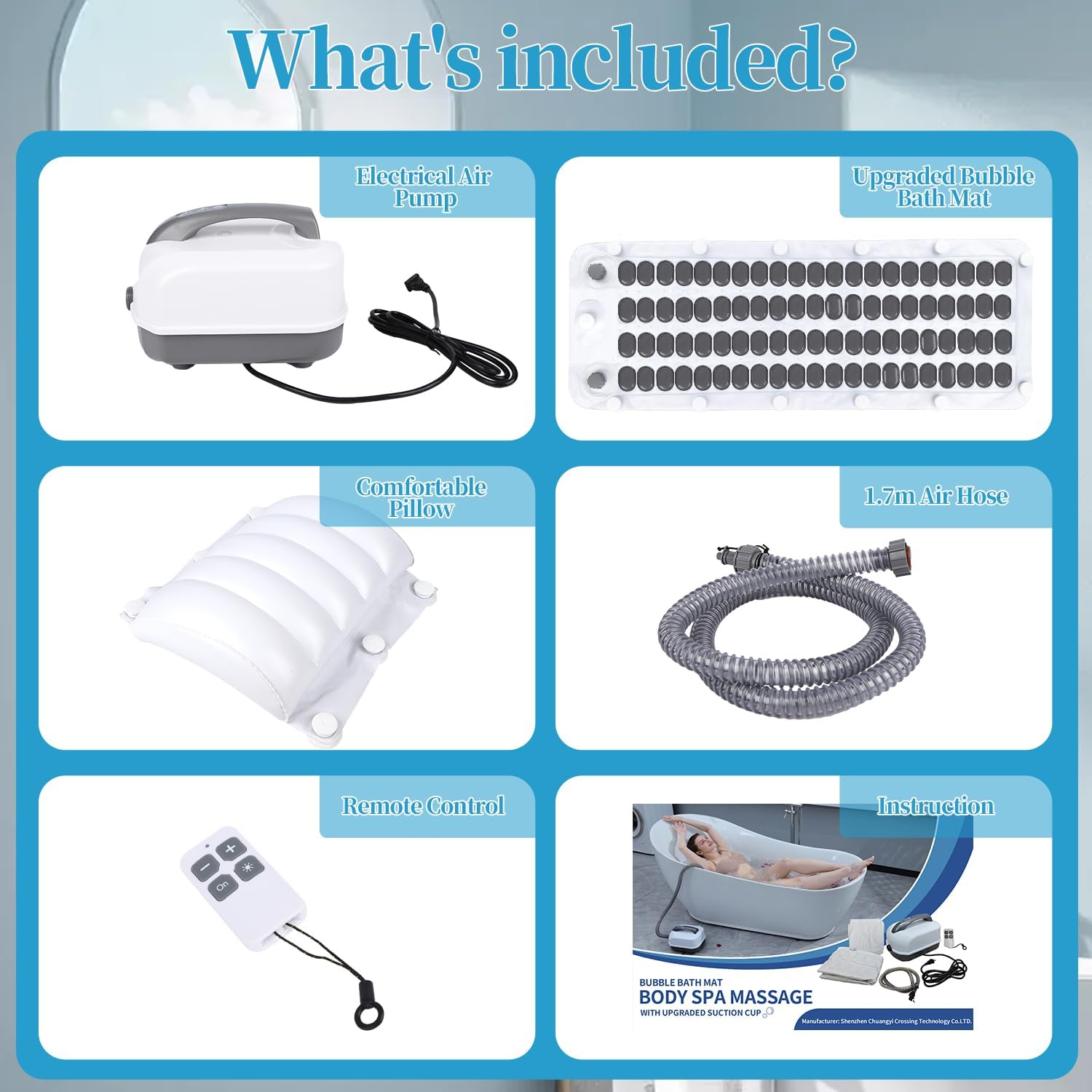 Bubble Bath Mat Tub Spa Massager - Spa Mat for Smooth Bathtub, Non-Slip Suction Cups, Upgraded Noise-Reducing Machine, 6-Speed Bubbles, Pillow and Remote for Relaxation, 45*17in (Gray)