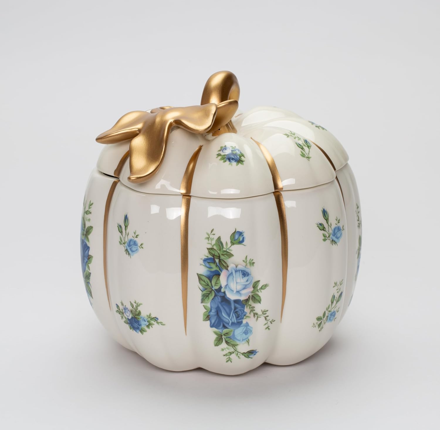 Fine Ceramic Thanksgiving Fall Harvest Blue Victorian Rose White Pumpkin Cookie Candy Jar, 6-5/8" L