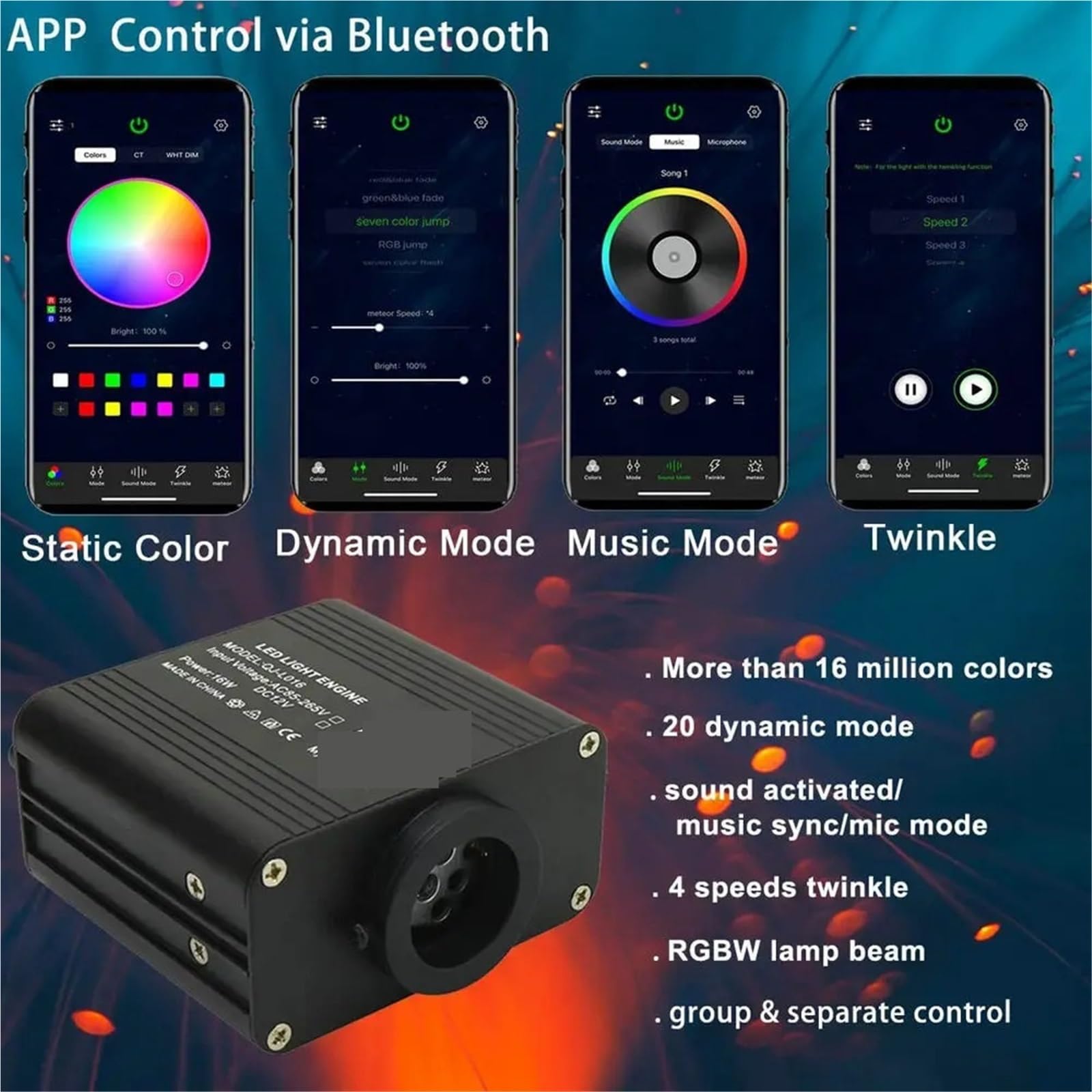 16W Twinkle&Sound Aktywuj Światłowód Starlight Headliner Samochód Dom Sufit Niebo Dekoracja APP Inteligentne i Zdalne Sterowanie Silnik Światła Wysoka Wydajność