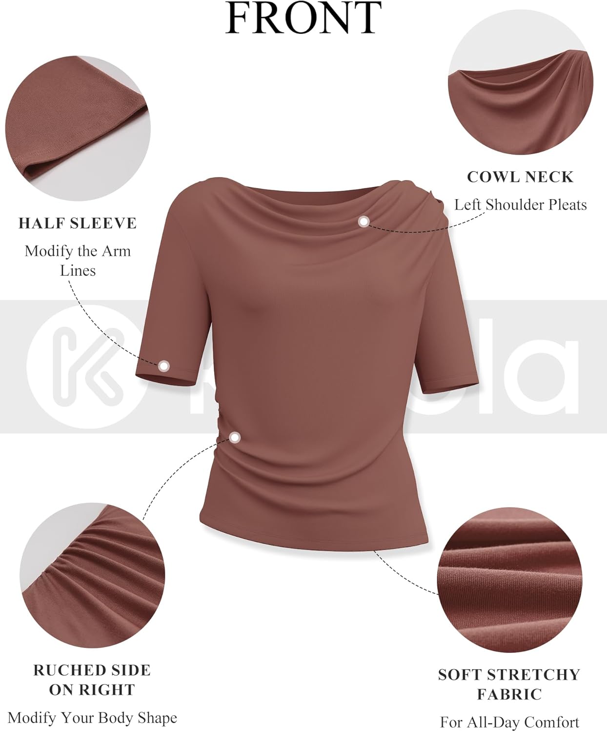 Cowl Neck Half Sleeve Business Casual Tops for Women Ruched Fitted Boat Neck Elbow Length Tee Shirts Trendy Dressy - Image 7