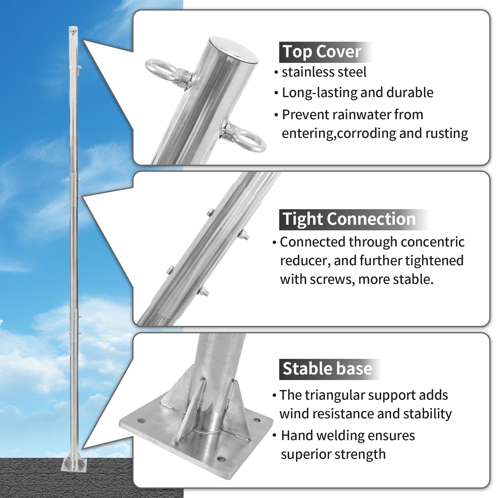 10ft Heavy Duty 304 Stainless Steel Shade sail Poles,Shade Sail Poles,Canopy Pole, Fence Post,for Garden,Yard,Patio,Playground, One Pack(2'' Diameter 304 Stainless Steel Pole)