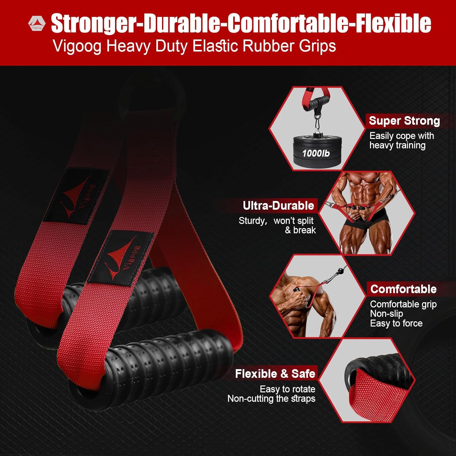 Heavy Duty Gym Exercise Handles Attachment for Cable Machine,Resistance Band,Pulley System Home Fitness Workout Equipment, with Elastic Rubber Grip and 2 Large Carabiners