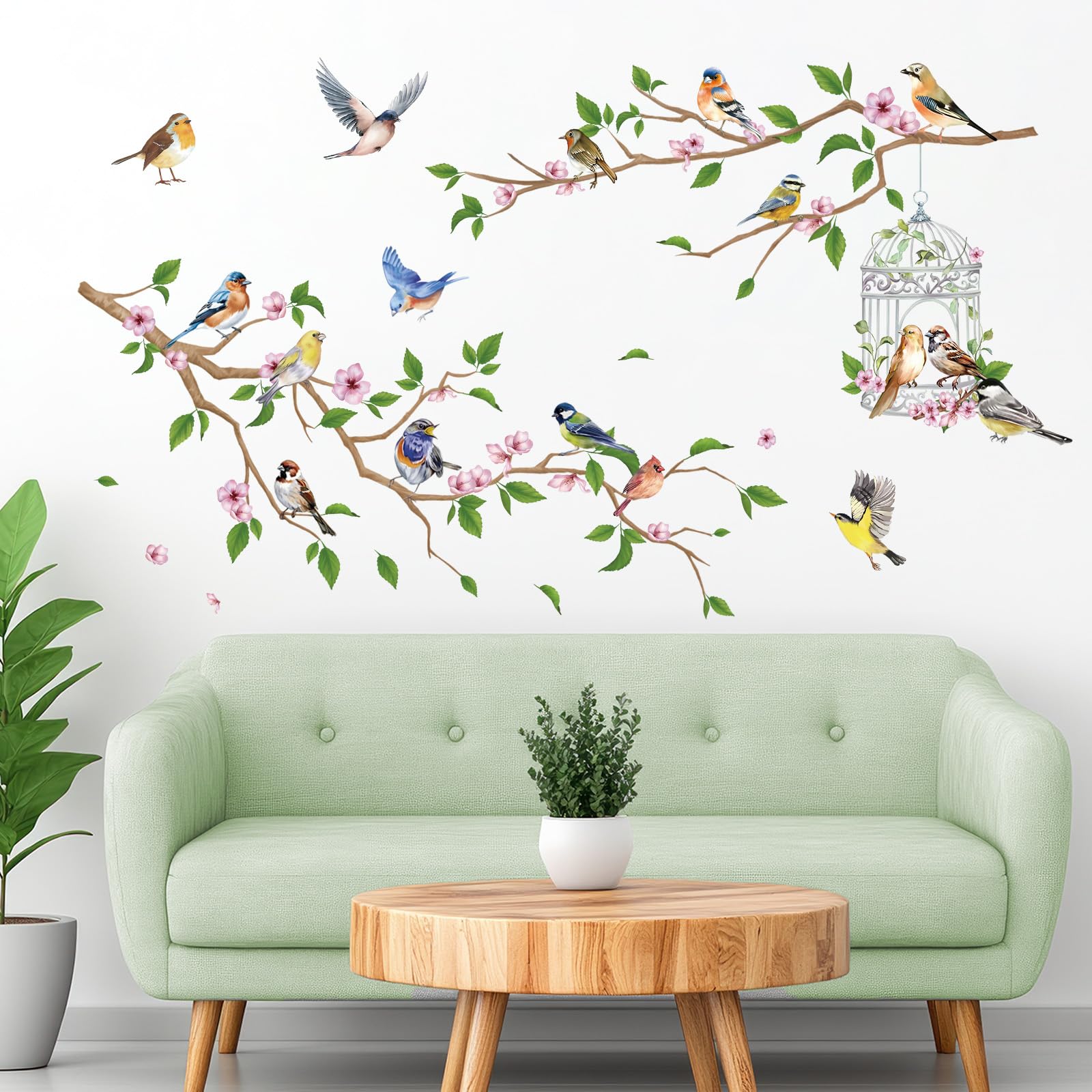 FUFUQUARE Garden Birds on Tree Branches Wall Stickers Pink Flowers Birdcage Wall Decals PVC Removable Decoration for Nursery Bedroom Living Room