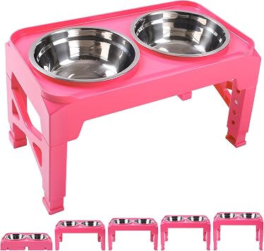 Hubulk Elevated Dog Bowls with 2 Stainless Steel Food & Water Raised Bowls with No Spill Edge Non-Slip Stand Adjusts to 5 Heights3.2", 8.77", 9.9",11.1", 12.3"for Small Medium Large Dog and Pet Pink