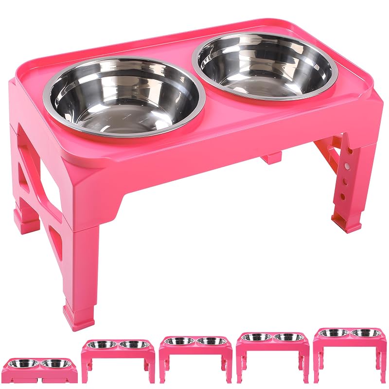 Comedouro elevado para cães Hubulk com 2 tigelas de aço inoxidável, suporte ajustável e dobrável, Pink M
