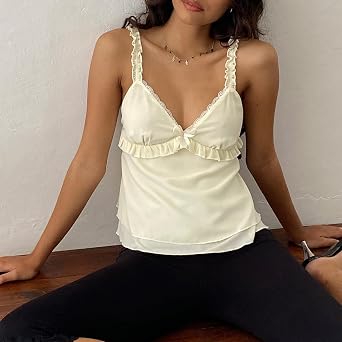 Womens Sexy Lace Camisole Tank Tops Y2k Slim Fit Corset Going Out Streetwear Ruffle Hem Spaghetti Strap Cami Tops