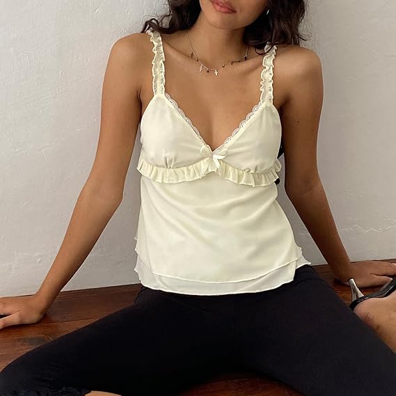 Womens Sexy Lace Camisole Tank Tops Y2k Slim Fit Corset Going Out Streetwear Ruffle Hem Spaghetti Strap Cami Tops