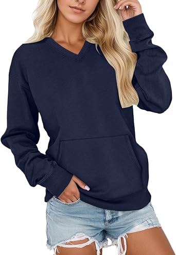 V Neck Sweatshirt Women Pocket No Hood Oversized Pullover Casual Soft Long Sleeve Tops Fall Outfits With Pockets