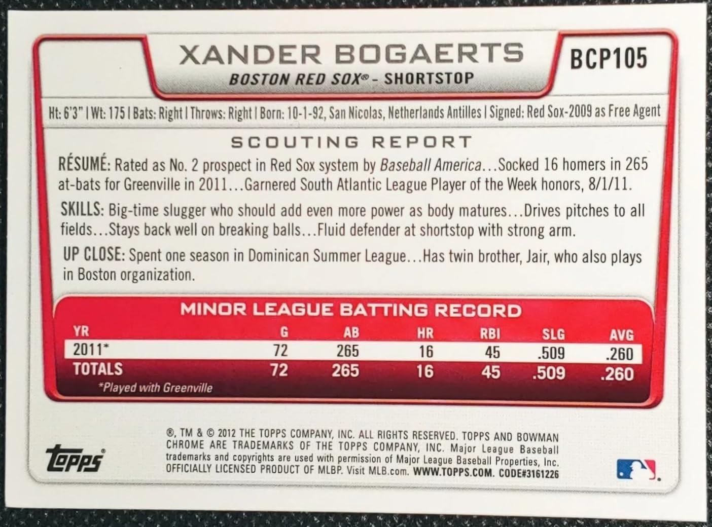 2012 Bowman CHROME Baseball Prospects Complete Mint 110 Card Set Featuring Bryce Harper, Francisco Lindor, Gerrit Cole and Xander Bogaerts PLUS