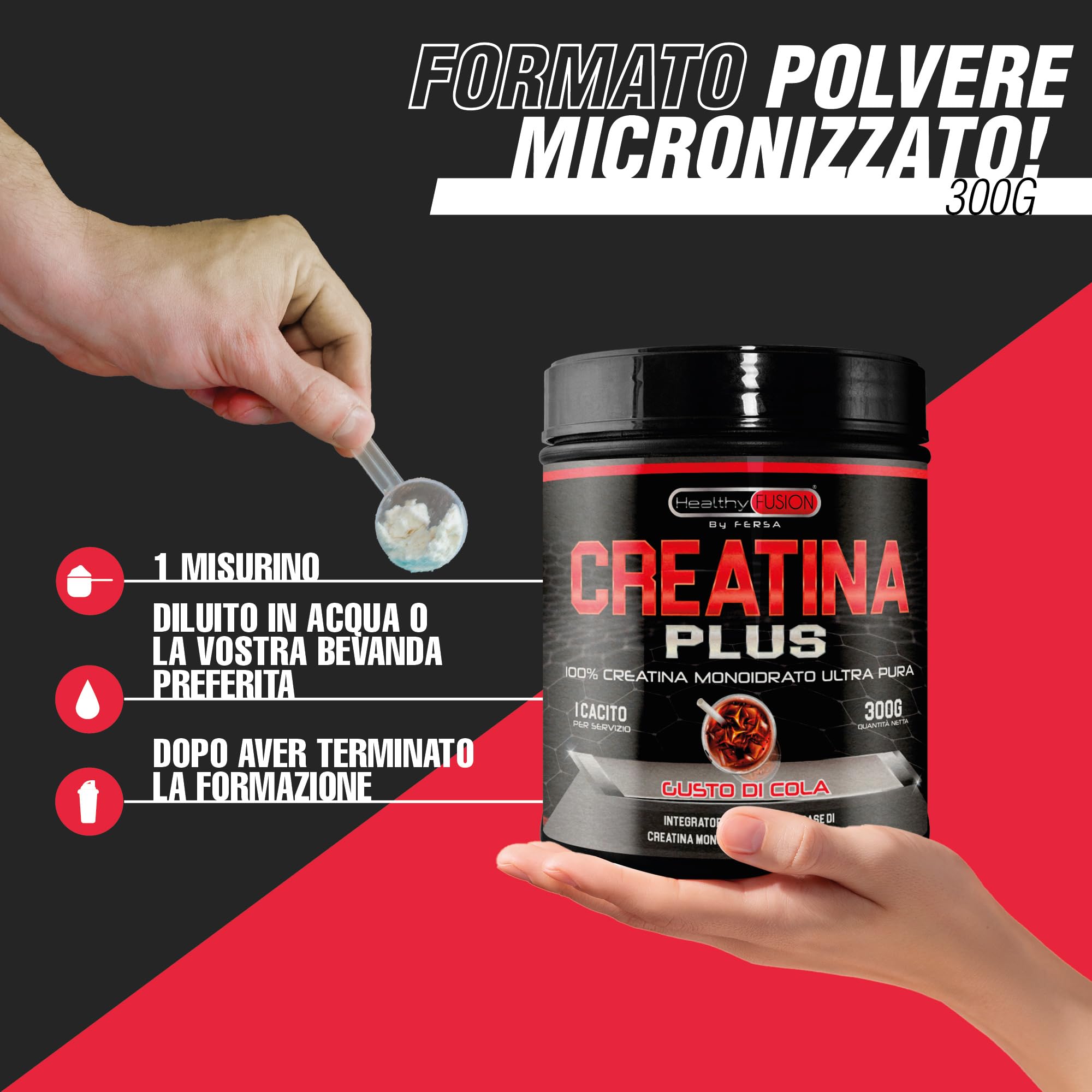 Healthy Fusion | Creatina Monoidrato in polvere 100% pura, senza additivi | Favorisce la crescita muscolare e aumenta le prestazioni fisiche | Alta solubilità | 300g, gusto Cola