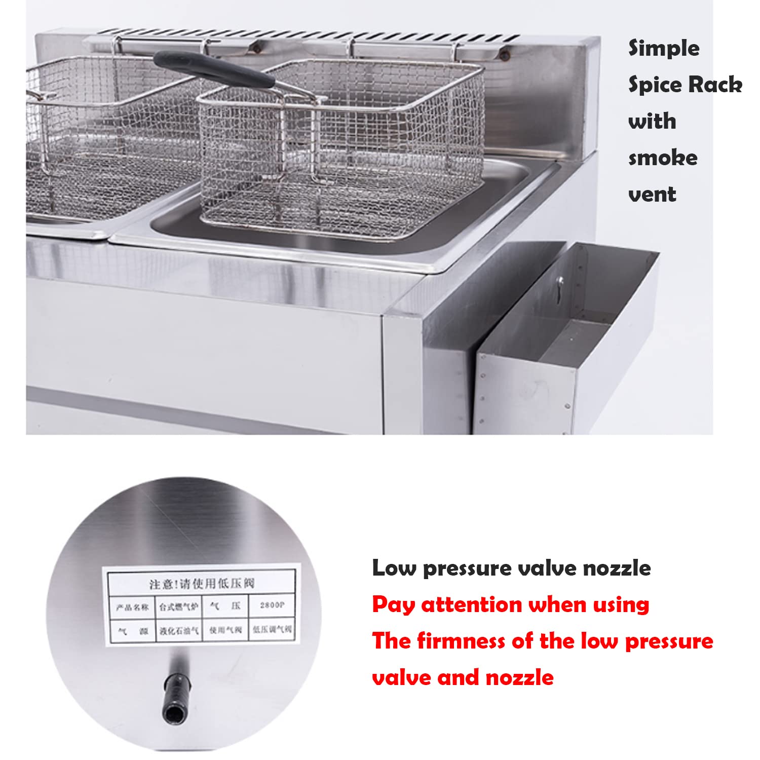 Friggitrice Commerciale a GPL, friggitrice a Gas di Grande capacità da 20 Litri, Potenza di Fuoco Regolabile, con cestelli e Coperchio Rimovibili, friggitrice a Gas in acci,