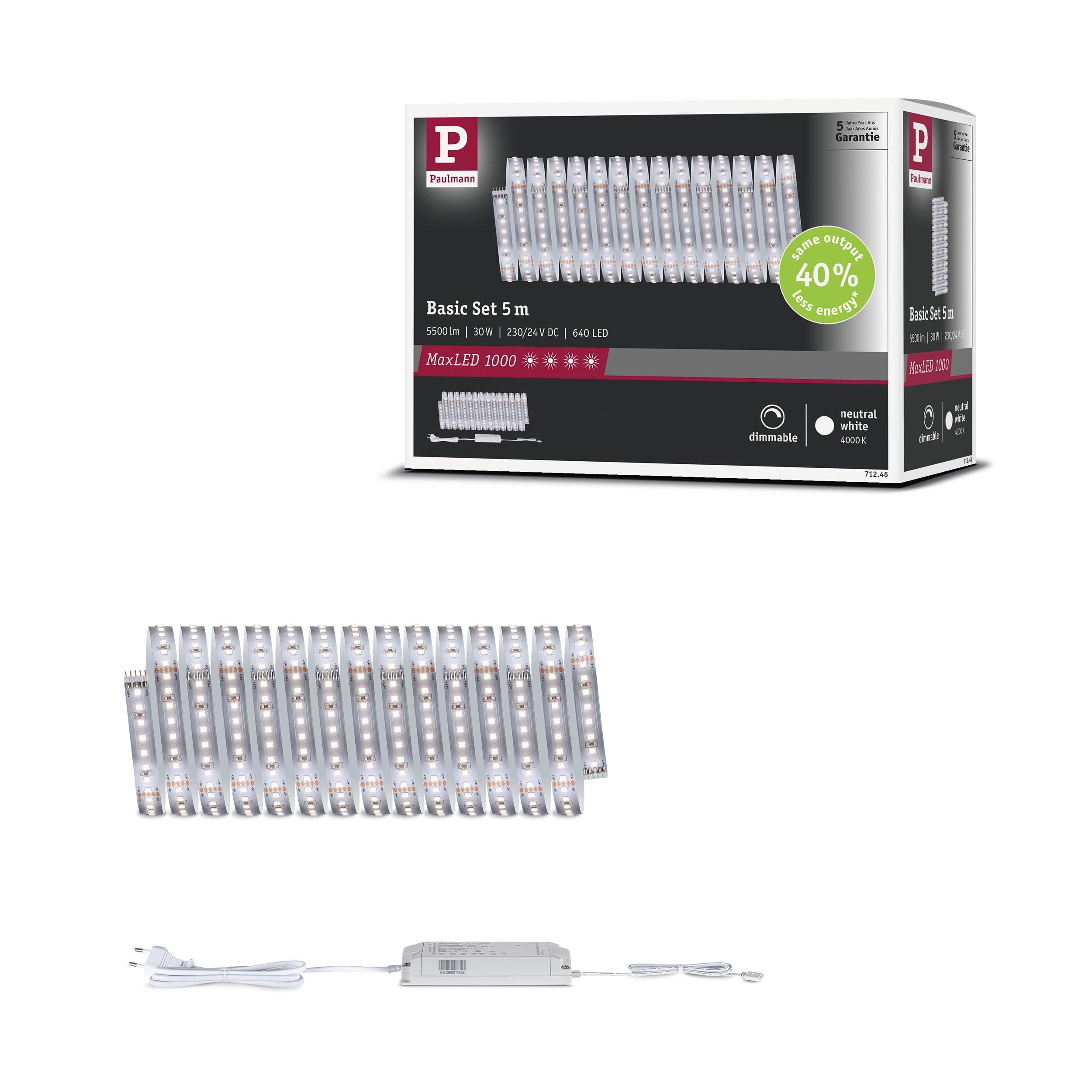 Paulmann MaxLED 1000 LED Strip Basisset 5m Neutralweiß 30W 1100lm/m 4000K 60VA 71246