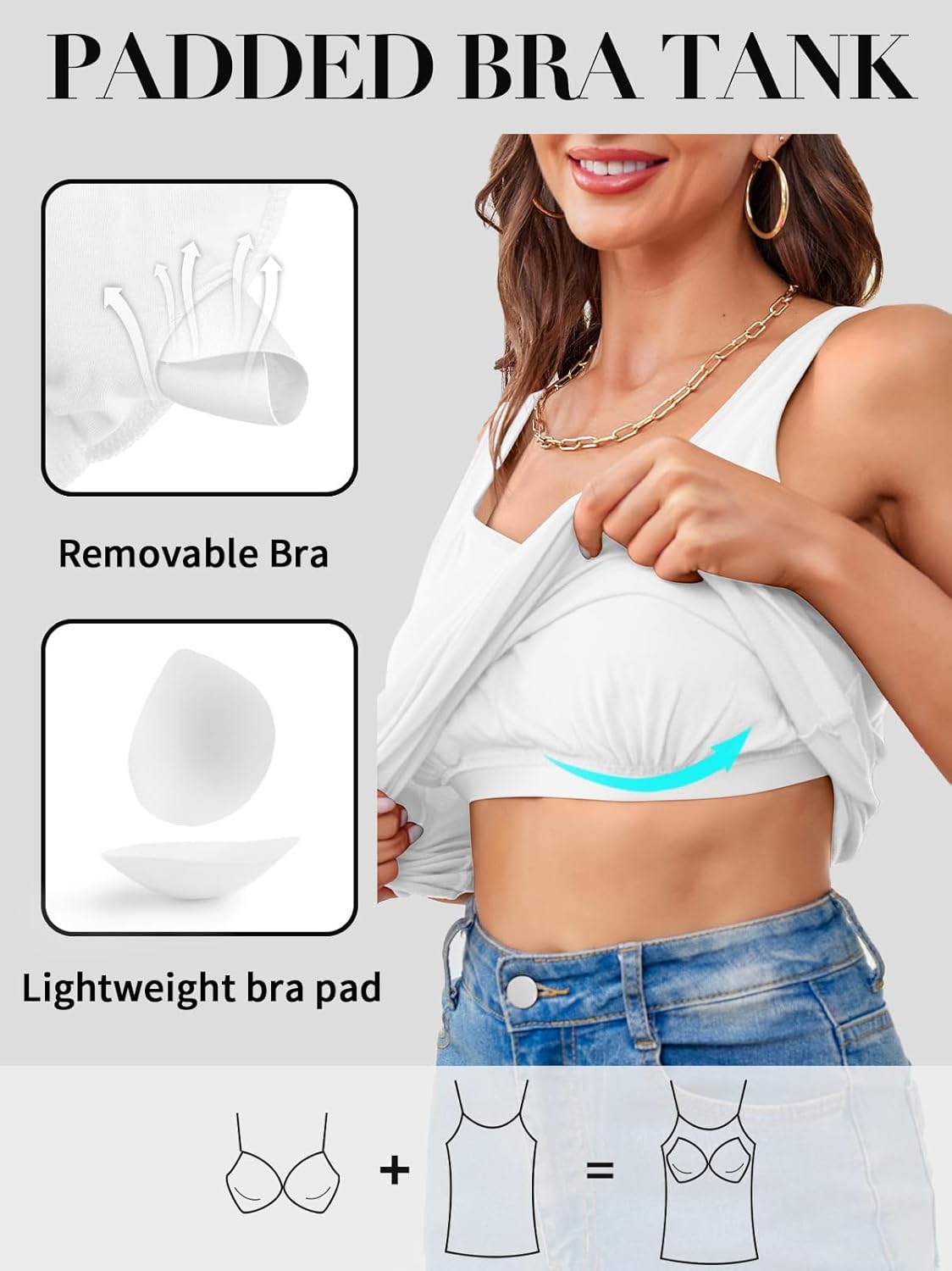 V FOR CITY Women Tank Top with Built-in Padded Bra Adjustable Wide Strap V-Neck Camisole Cotton Cami Shirts - Image 4