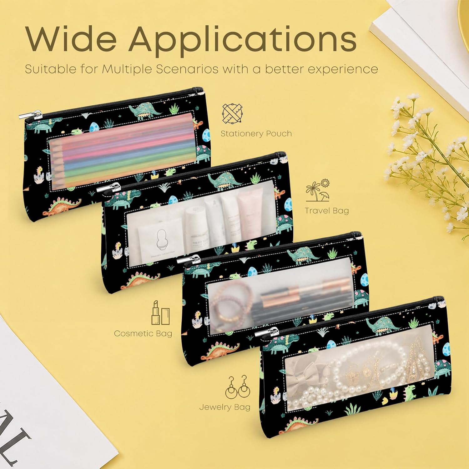 PU Pencil Case,Clear Window & Zipper for School Office Travel Dinosaur