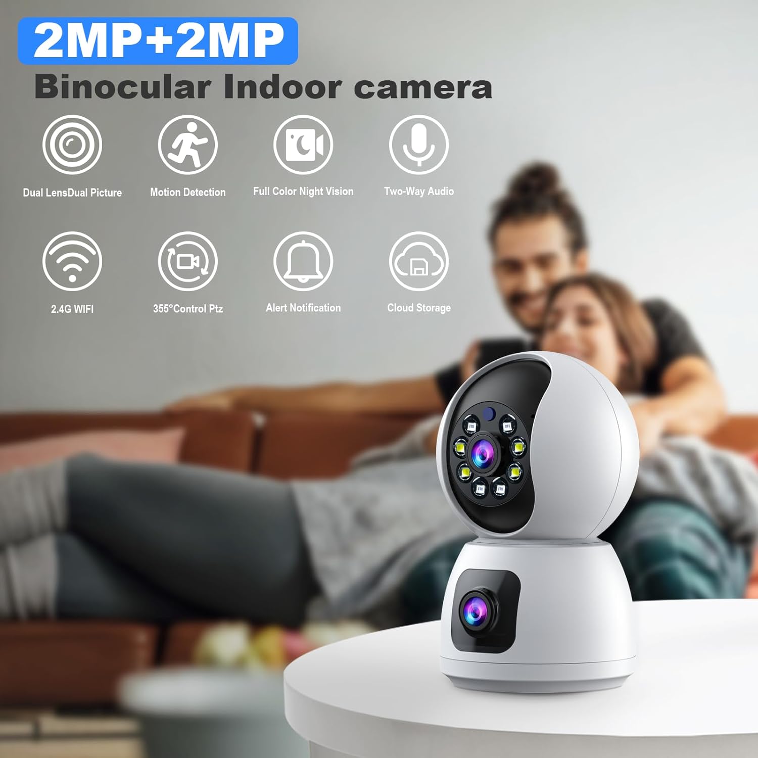 Dual Lens Indoor Security Camera 2MP,WiFi Indoor Security Camera,for Home Security Pet Camera,Motion Tracking, Color Night Vision,2-Way Audio,Indoor Camera with Phone App 2PCS