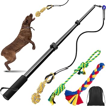 Ycozy Flirt Pole for Dogs Heavy Duty Interactive Toys Tug of War with Detachable 3 Replacement Rope Toys for Chase and Outdoor Exercise & Training for Small Medium Large Dogs Pole - 40.6"