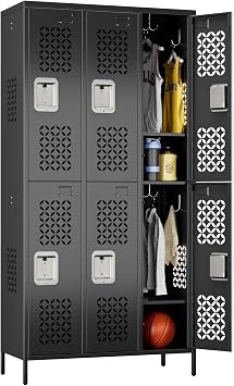 6 Door Metal Employee Lockers,72 in,Black | Ventilated steel compartments with name-card slots and interior hooks for offices, gyms, breakrooms, and staff areas