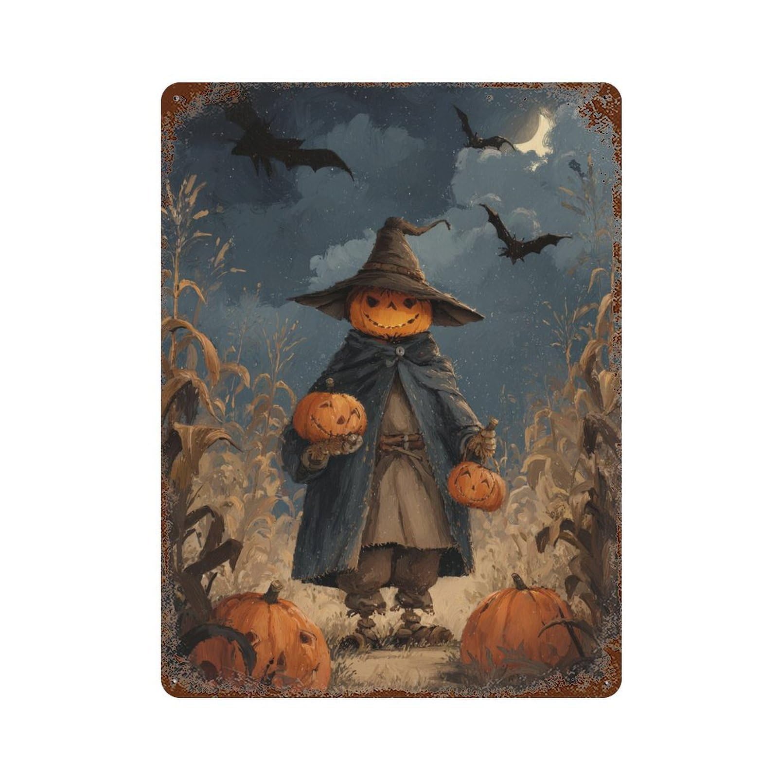Garage Style Halloween Pumpkin Witch Scene Weathered Tin Sign 15.7"x11.8", Shabby Chic Decor for Bar And Workshop