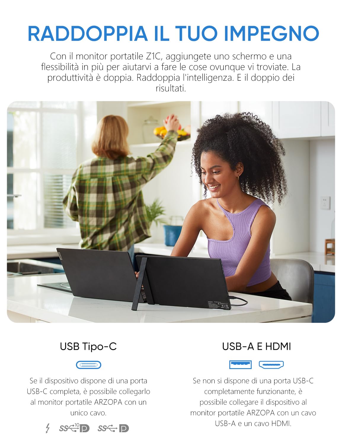 ARZOPA 16.1" 100% sRGB Portable Monitor, 1920×1080 FHD IPS Monitor portatile per laptop con asta singola, supporto HDMI/Type-C/USB-C, Schermo da Gioco Eye-Care, per Laptop/PC/Mac/PS3/4/5/Xbox