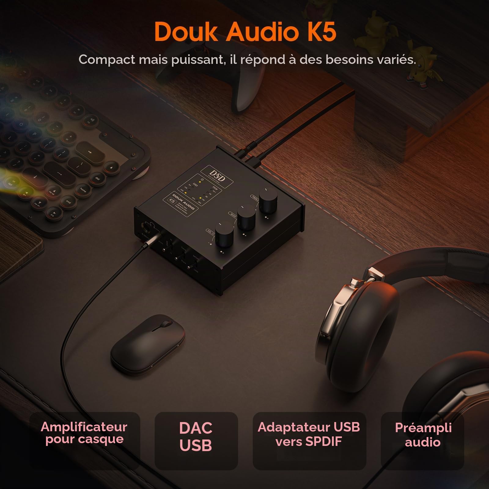 Douk Audio K5 PC DAC Amplificateur pour Casque avec USB & entrée Optique DSD256 pour amplificateur, Haut-parleurs, Mac, Ordinateur