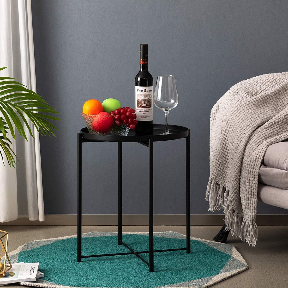 INDIAN DECOR 44118 Tray Metal End Table, Sofa Table Small Round Side Tables, Anti-Rust and Waterproof Outdoor & Indoor Snack Table, Accent Coffee Table,(H) 20.28" x(D) 16.38", Black 3