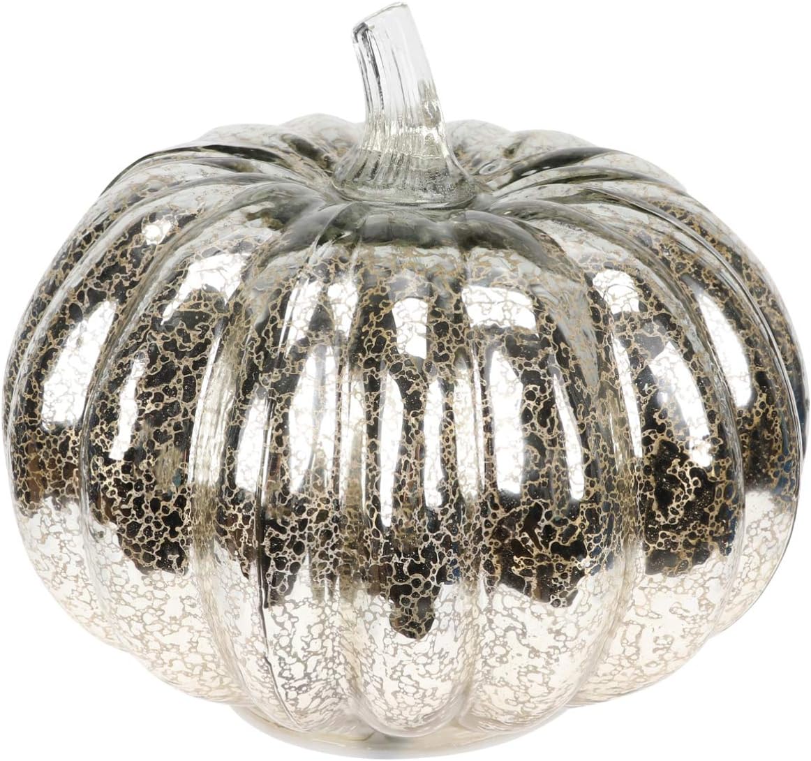 Lurrose Halloween Glass Pumpkin Light LED Glass Pumpkin Lamp Battery Operated Flickering Light Halloween Pumpkin Decorations for Halloween Fall Thanksgiving, Sliver, 5. 5 inches