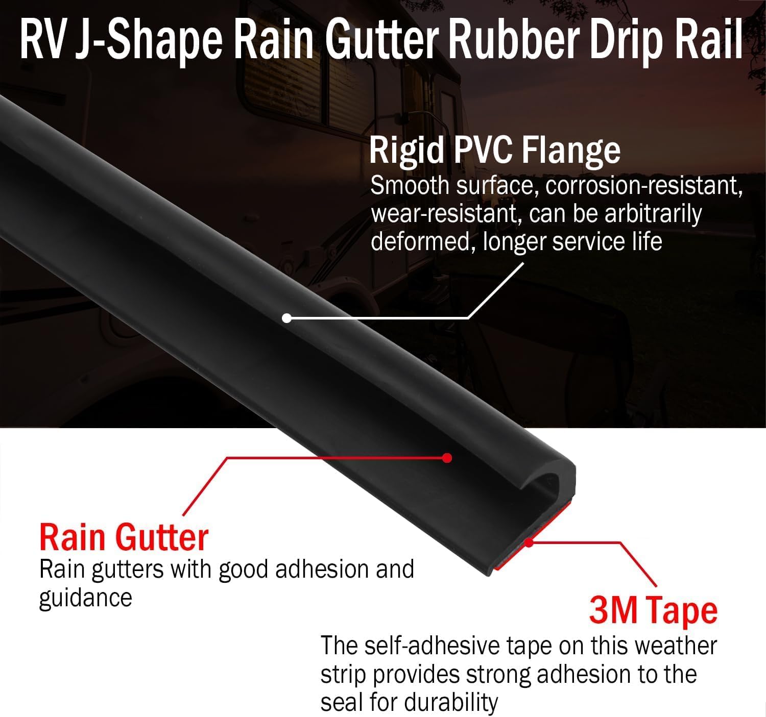 RV J-Shape Rain Gutter Rubber Drip Rail 40Ft with Gutter Spouts, 1/2 Inch RV Trim Molding, Weather Stripping, Roof Rain Diverter Fit for Car, Truck, Boat and Home Application (Black)