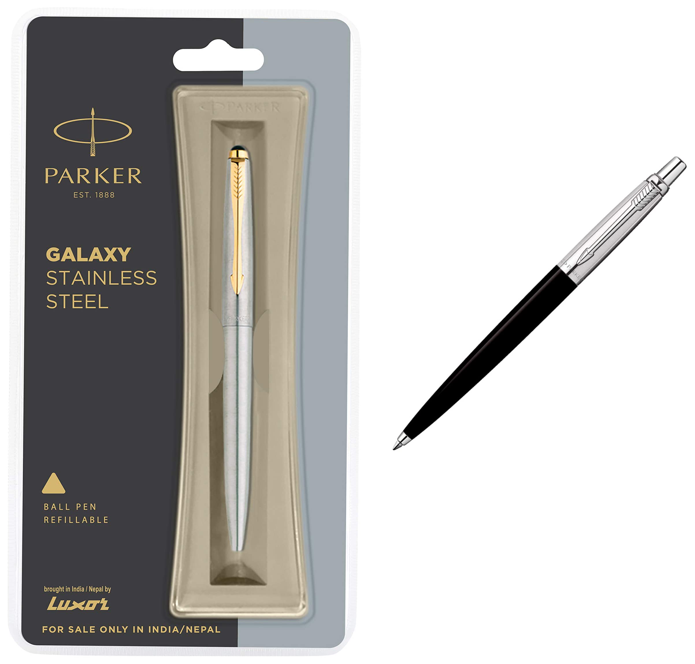 Parker - Galaxy Stainless Steel Gold Trim Ball Pen| Ink Col - Blue | Perfect For Professional Use | Elite Pen For Corporate Purposes & Jotter Standard Chrome Trim Ball Pen| Black Body Col| Ink Col...