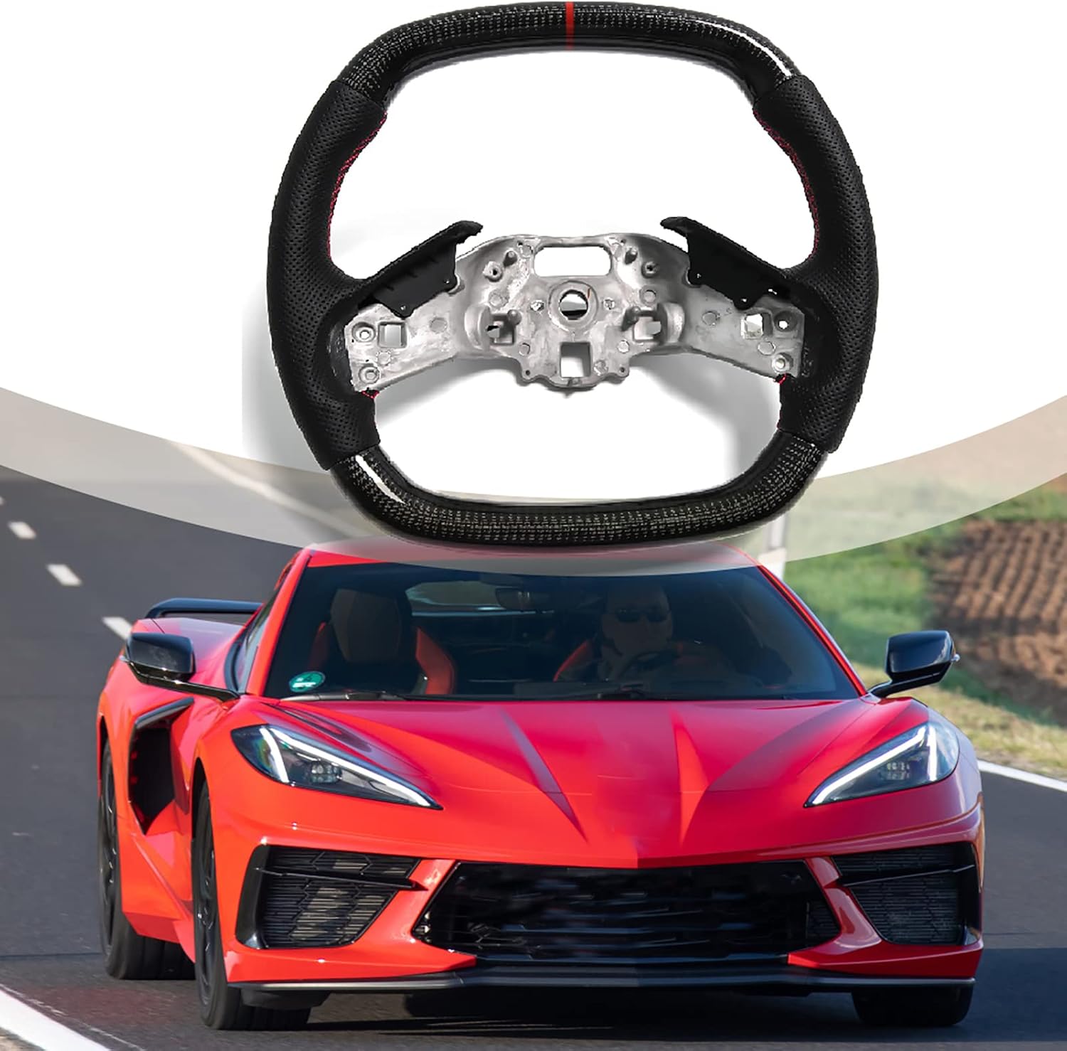 Customized Carbon Fiber Steering Wheel for Corvette C8 Z51 Z06 Stingray 2020 2021 2022 2023 2024 2025 2026, With Heating Function, D-shaped Flat-bottom Preforated Leather Grip