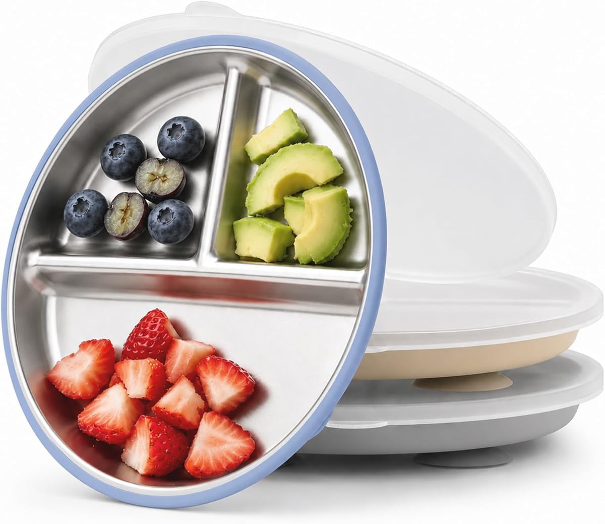 Bakpoco Stainless Steel Suction Plates with Lids for Toddlers & Babies, 9" Divided Kids Plates for 18M-5Y, Kid Growth Family Eating Essentials, 3-Pack