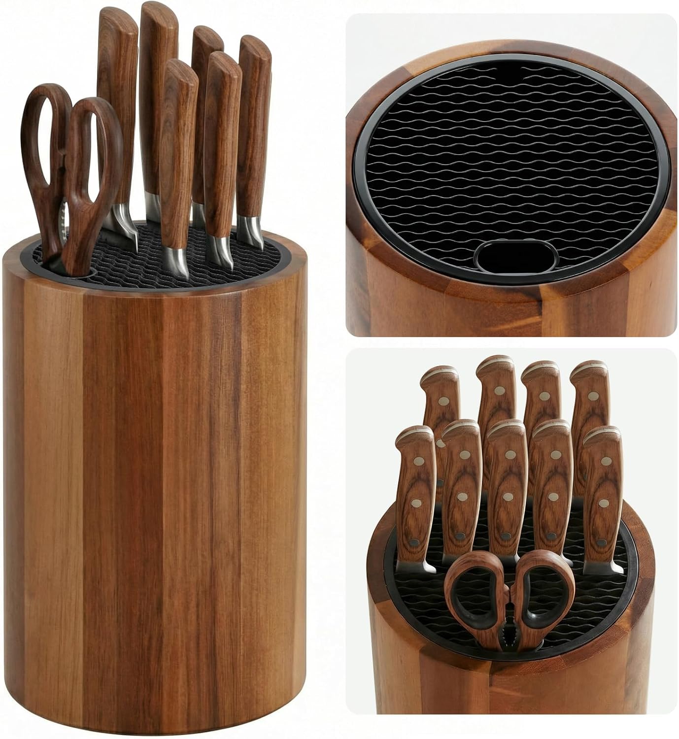 Ninonly Universal Knife Block Holder, Round Wooden Countertop Knife Block Without Knives, Acacia Wood Knife Storage for Kitchen Steak Knives, Scissors & Sharpening Rod