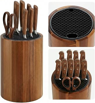 Ninonly Round Acacia Wood Knife Block Without Knives | Universal acacia wood knife holder accommodates knives, scissors & sharpening rod, space-saving countertop kitchen storage